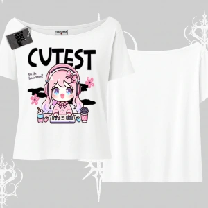 Kayık Yaka Tshirt Cute Anime Gamer Girl Baskılı