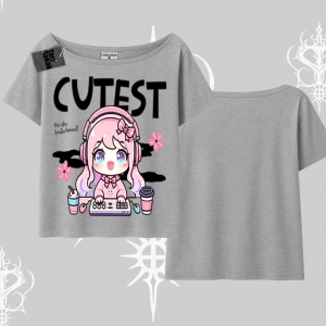 Kayık Yaka Tshirt Cute Anime Gamer Girl Baskılı