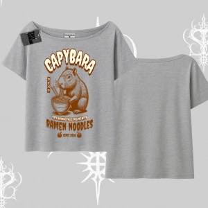 Kayık Yaka Tshirt Cute Capybara Enjoying Ramen Noodles Artwork