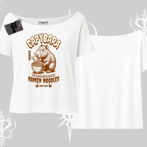 Kayık Yaka Tshirt Cute Capybara Enjoying Ramen Noodles Artwork