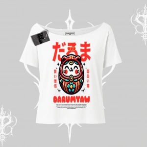 Kayık Yaka Tshirt Daruma Kedi Anime Baskılı