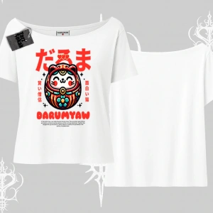 Kayık Yaka Tshirt Daruma Kedi Anime Baskılı