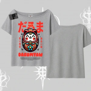 Kayık Yaka Tshirt Daruma Kedi Anime Baskılı