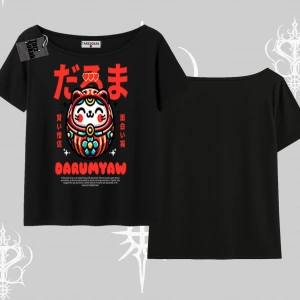 Kayık Yaka Tshirt Daruma Kedi Anime Baskılı