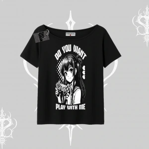Kayık Yaka Tshirt Do You Want Play With Me Anime Kız Baskılı