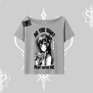 Kayık Yaka Tshirt Do You Want Play With Me Anime Kız Baskılı