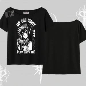 Kayık Yaka Tshirt Do You Want Play With Me Anime Kız Baskılı