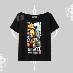 Kayık Yaka Tshirt Fake Smile Mood Ayıcık Grafik Baskılı