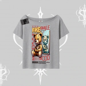 Kayık Yaka Tshirt Fake Smile Mood Ayıcık Grafik Baskılı