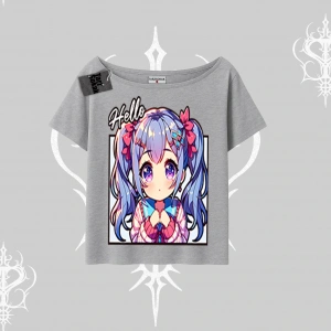 Kayık Yaka Tshirt Hello Anime Kız Sevimli Karakter Baskılı