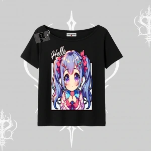 Kayık Yaka Tshirt Hello Anime Kız Sevimli Karakter Baskılı