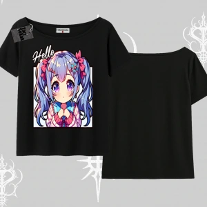 Kayık Yaka Tshirt Hello Anime Kız Sevimli Karakter Baskılı