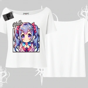 Kayık Yaka Tshirt Hello Anime Kız Sevimli Karakter Baskılı