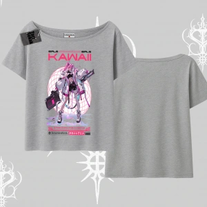 Kayık Yaka Tshirt Kawaii Cyberpunk Kız Japon Stil Baskı