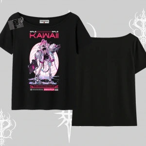 Kayık Yaka Tshirt Kawaii Cyberpunk Kız Japon Stil Baskı