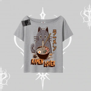 Kayık Yaka Tshirt Ramen Lover Kedi Anime Baskılı