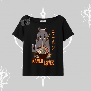 Kayık Yaka Tshirt Ramen Lover Kedi Anime Baskılı