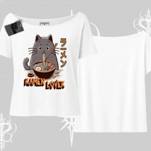 Kayık Yaka Tshirt Ramen Lover Kedi Anime Baskılı