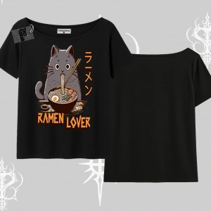 Kayık Yaka Tshirt Ramen Lover Kedi Anime Baskılı