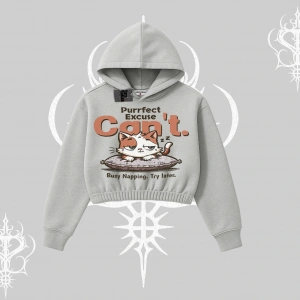 Kedi Baskılı Cant Busy Napping Y2K  Kapşonlu Crop Sweatshirt