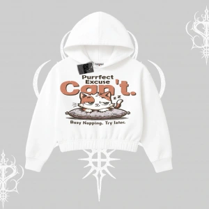 Kedi Baskılı Cant Busy Napping Y2K  Kapşonlu Crop Sweatshirt