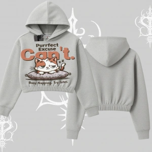 Kedi Baskılı Cant Busy Napping Y2K  Kapşonlu Crop Sweatshirt