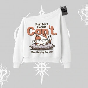 Kedi Baskılı Cant Busy Napping Y2K  Kayık Yaka Sweatshirt