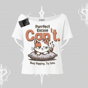 Kedi Baskılı Cant Busy Napping Y2K  Kayık Yaka Tshirt