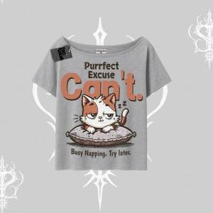 Kedi Baskılı Cant Busy Napping Y2K  Kayık Yaka Tshirt