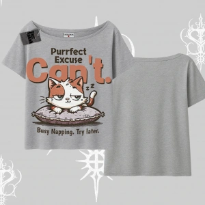 Kedi Baskılı Cant Busy Napping Y2K  Kayık Yaka Tshirt