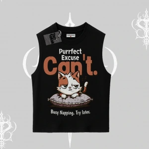 Kedi Baskılı Cant Busy Napping Y2K  Kolsuz Tshirt