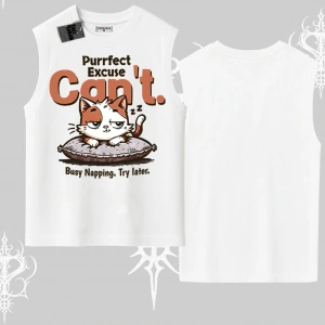 Kedi Baskılı Cant Busy Napping Y2K  Kolsuz Tshirt