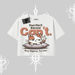 Kedi Baskılı Cant Busy Napping Y2K  Oversize Crop Tshirt