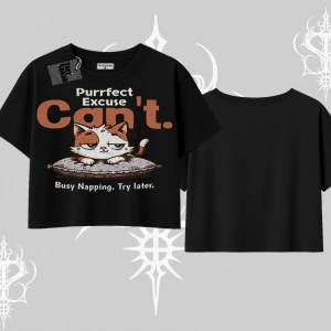 Kedi Baskılı Cant Busy Napping Y2K  Oversize Crop Tshirt