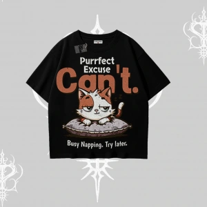 Kedi Baskılı Cant Busy Napping Y2K  Oversize Tshirt