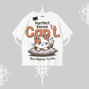 Kedi Baskılı Cant Busy Napping Y2K  Oversize Tshirt