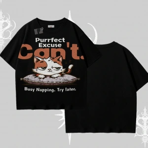 Kedi Baskılı Cant Busy Napping Y2K  Oversize Tshirt