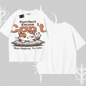 Kedi Baskılı Cant Busy Napping Y2K  Oversize Tshirt