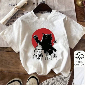 Kedi Baskısı, Yazlık Kadın %100 Pamuklu Kısa Kollu, Beyaz Kısa Kollu, Grafik Tişörtler, Beyaz