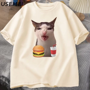Kedi Crunching gıda Meme T-shirt kadın erkek aptal T shirt komik kedi yeme T-Shirt pamuk kısa