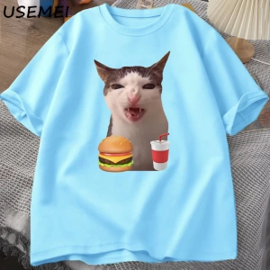 Kedi Crunching gıda Meme T-shirt kadın erkek aptal T shirt komik kedi yeme T-Shirt pamuk kısa
