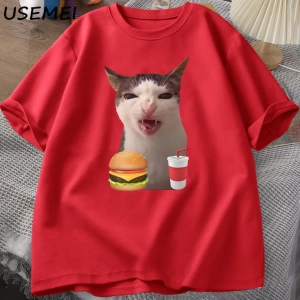 Kedi Crunching gıda Meme T-shirt kadın erkek aptal T shirt komik kedi yeme T-Shirt pamuk kısa