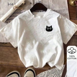 Kedi Desenli Yazlık Kadın %100 Pamuklu Kısa Kollu, Beyaz Üstler, Grafik Tişörtler, Pamuklu Ti