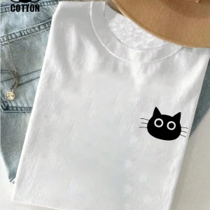 Kedi Desenli Yazlık Kadın %100 Pamuklu Kısa Kollu, Beyaz Üstler, Grafik Tişörtler, Pamuklu Ti