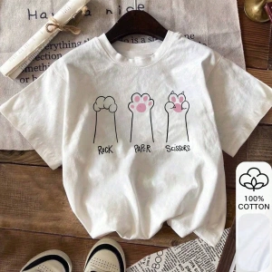 Kedi Patisi İzi, Yazlık Kadın %100 Pamuklu Kısa Kollu, Beyaz Kısa Kollu, Grafik Tişörtler, Be
