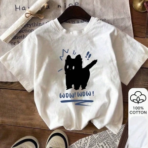 Kedi ve WOWO Baskı, Yazlık Kadın %100 Pamuklu Kısa Kollu, Beyaz Kısa Kollu, Grafik Tişörtler,