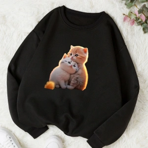 Kedicikler Renkli Oversize Bisiklet Yaka Pamuklu Sweatshirt Beyaz