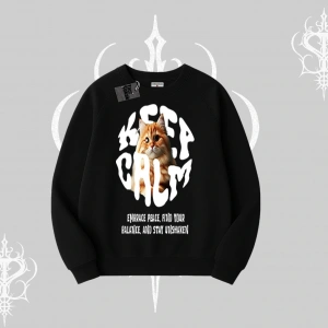 Keep Calm Yazılı Kedi Baskılı Streetwear Biskilet Sweatshirt