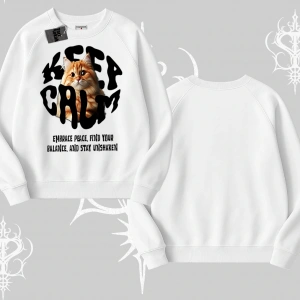 Keep Calm Yazılı Kedi Baskılı Streetwear Biskilet Sweatshirt