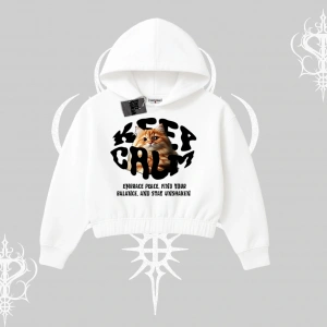 Keep Calm Yazılı Kedi Baskılı Streetwear Kapşonlu Crop Sweatshirt
